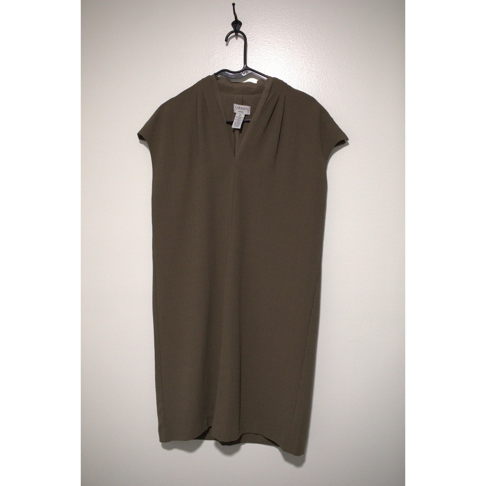 Carmen Marc Valvo Olive Green V-Neck Crepe Shift Dress XS Sleeveless Pleated